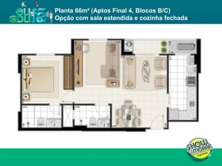 FICHA TÉCNICA ENDEREÇO : QI 19, Lotes 13, 15, 17, 19, 21, 23, 25, 27, 29, 31, 33, 35, 37, 39 e 41, Taguatinga - DF. ÁREA DO TERRENO : 11.043,00m² NÚMERO DE TORRES : 4 torres residenciais NÚMERO DE PAVIMENTOS :  Torres A e D: 02 subsolos, 01 térreo e 19 pavimentos tipo  Torres B e C: 02 subsolos, 01 térreo e 23 pavimentos tipo  UNIDADES POR PAVIMENTO : 04 unidades de 3Q e 02 unidades de 2Q NÚMERO DE ELEVADORES :  Torres A e D: 03  Torres B e C: 03 + 01 de emergência  NÚMERO DE VAGAS : 514 Área privativa : 62m² (2 quartos) / 81 a 87m² (3 quartos) Total de unidades : 504 unidades, sendo 168 de 2 quartos e 336 de 3 quartos Planta 66m² (Aptos Final 4, Blocos B/C)  Opção com sala estendida e cozinha fechada 