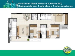 FICHA TÉCNICA ENDEREÇO : QI 19, Lotes 13, 15, 17, 19, 21, 23, 25, 27, 29, 31, 33, 35, 37, 39 e 41, Taguatinga - DF. ÁREA DO TERRENO : 11.043,00m² NÚMERO DE TORRES : 4 torres residenciais NÚMERO DE PAVIMENTOS :  Torres A e D: 02 subsolos, 01 térreo e 19 pavimentos tipo  Torres B e C: 02 subsolos, 01 térreo e 23 pavimentos tipo  UNIDADES POR PAVIMENTO : 04 unidades de 3Q e 02 unidades de 2Q NÚMERO DE ELEVADORES :  Torres A e D: 03  Torres B e C: 03 + 01 de emergência  NÚMERO DE VAGAS : 514 Área privativa : 62m² (2 quartos) / 81 a 87m² (3 quartos) Total de unidades : 504 unidades, sendo 168 de 2 quartos e 336 de 3 quartos Planta 84m² (Aptos Finais 5 e 6, Blocos B/C) Opção padrão com 1 suíte plena e 2 suítes americanas 