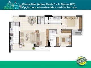 FICHA TÉCNICA ENDEREÇO : QI 19, Lotes 13, 15, 17, 19, 21, 23, 25, 27, 29, 31, 33, 35, 37, 39 e 41, Taguatinga - DF. ÁREA DO TERRENO : 11.043,00m² NÚMERO DE TORRES : 4 torres residenciais NÚMERO DE PAVIMENTOS :  Torres A e D: 02 subsolos, 01 térreo e 19 pavimentos tipo  Torres B e C: 02 subsolos, 01 térreo e 23 pavimentos tipo  UNIDADES POR PAVIMENTO : 04 unidades de 3Q e 02 unidades de 2Q NÚMERO DE ELEVADORES :  Torres A e D: 03  Torres B e C: 03 + 01 de emergência  NÚMERO DE VAGAS : 514 Área privativa : 62m² (2 quartos) / 81 a 87m² (3 quartos) Total de unidades : 504 unidades, sendo 168 de 2 quartos e 336 de 3 quartos Planta 84m² (Aptos Finais 5 e 6, Blocos B/C) Opção com sala estendida e cozinha fechada 