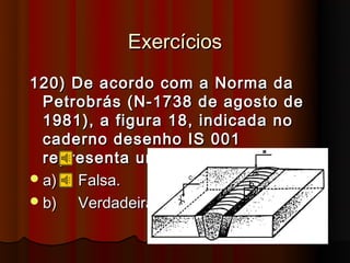 Exercícios
120) De acordo com a Norma da
  Petrobrás (N-1738 de agosto de
  1981), a figura 18, indicada no
  caderno desenho IS 001
  representa uma trinca ramificada.
 a)  Falsa.
 b)  Verdadeira.
 