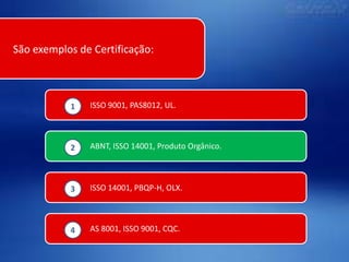 São exemplos de Certificação:

1

ISSO 9001, PAS8012, UL.

2

ABNT, ISSO 14001, Produto Orgânico.

3

ISSO 14001, PBQP-H, OLX.

4

AS 8001, ISSO 9001, CQC.

 