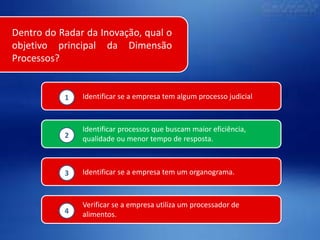 Dentro do Radar da Inovação, qual o
objetivo principal da Dimensão
Processos?

1

Identificar se a empresa tem algum processo judicial

2

Identificar processos que buscam maior eficiência,
qualidade ou menor tempo de resposta.

3

Identificar se a empresa tem um organograma.

4

Verificar se a empresa utiliza um processador de
alimentos.

 