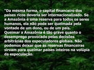 "Da mesma forma, o capital financeiro dos países ricos deveria ser internacionalizado. Se a Amazônia é uma reserva para todos os seres humanos, ela não pode ser queimada pela vontade de um dono, ou de um país. Queimar a Amazônia é tão grave quanto o desemprego provocado pelas decisões arbitrárias dos especuladores globais. Não podemos deixar que as reservas financeiras sirvam para queimar países inteiros na volúpia da especulação. 