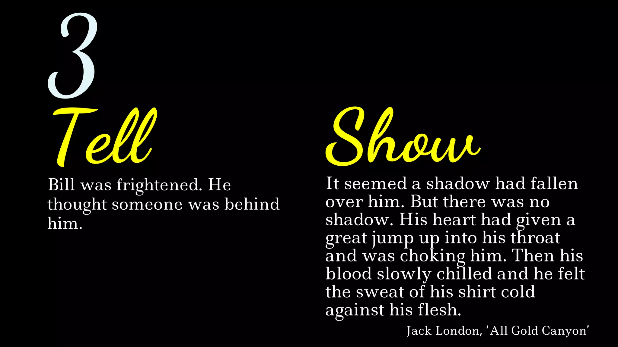 Bill was frightened. He
thought someone was behind
him.
It seemed a shadow had fallen
over him. But there was no
shadow. His heart had given a
great jump up into his throat
and was choking him. Then his
blood slowly chilled and he felt
the sweat of his shirt cold
against his flesh.
Jack London, ‘All Gold Canyon’
Tell Show
3
 
