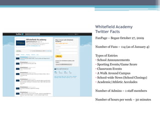 Whitefield Academy
Twitter Facts
FanPage – Began October 27, 2009

Number of Fans – 114 (as of January 4)

Types of Entries
• School Announcements
• Sporting Events/Game Score
• Classroom Events
• A Walk Around Campus
• School-wide News (School Closings)
• Academic/Athletic Accolades

Number of Admins – 1 staff members

Number of hours per week – 30 minutes
 