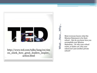 What….How….Why…
                                                         Most everyone knows what the
                                                         Mission Statement is for their
                                                         school… But do you know how you
                                                         accomplish your Mission
                                                         Statement… Or why your school
                                                         exists, or better yet, why your
                                                         school isn’t just another private
http://www.ted.com/talks/lang/en/sim                     school?
on_sinek_how_great_leaders_inspire_
             action.html
 