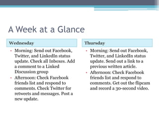 A Week at a Glance
Wednesday                          Thursday
• Morning: Send out Facebook,      • Morning: Send out Facebook,
  Twitter, and LinkedIn status       Twitter, and LinkedIn status
  update. Check all Inboxes. Add     update. Send out a link to a
  a comment to a Linked              previous written article.
  Discussion group                 • Afternoon: Check Facebook
• Afternoon: Check Facebook          friends list and respond to
  friends list and respond to        comments. Get out the flipcam
  comments. Check Twitter for        and record a 30-second video.
  retweets and messages. Post a
  new update.
 