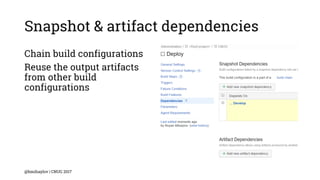 Snapshot & artifact dependencies
Chain build configurations
Reuse the output artifacts
from other build
configurations
@bmihaylov | CNUG 2017
 