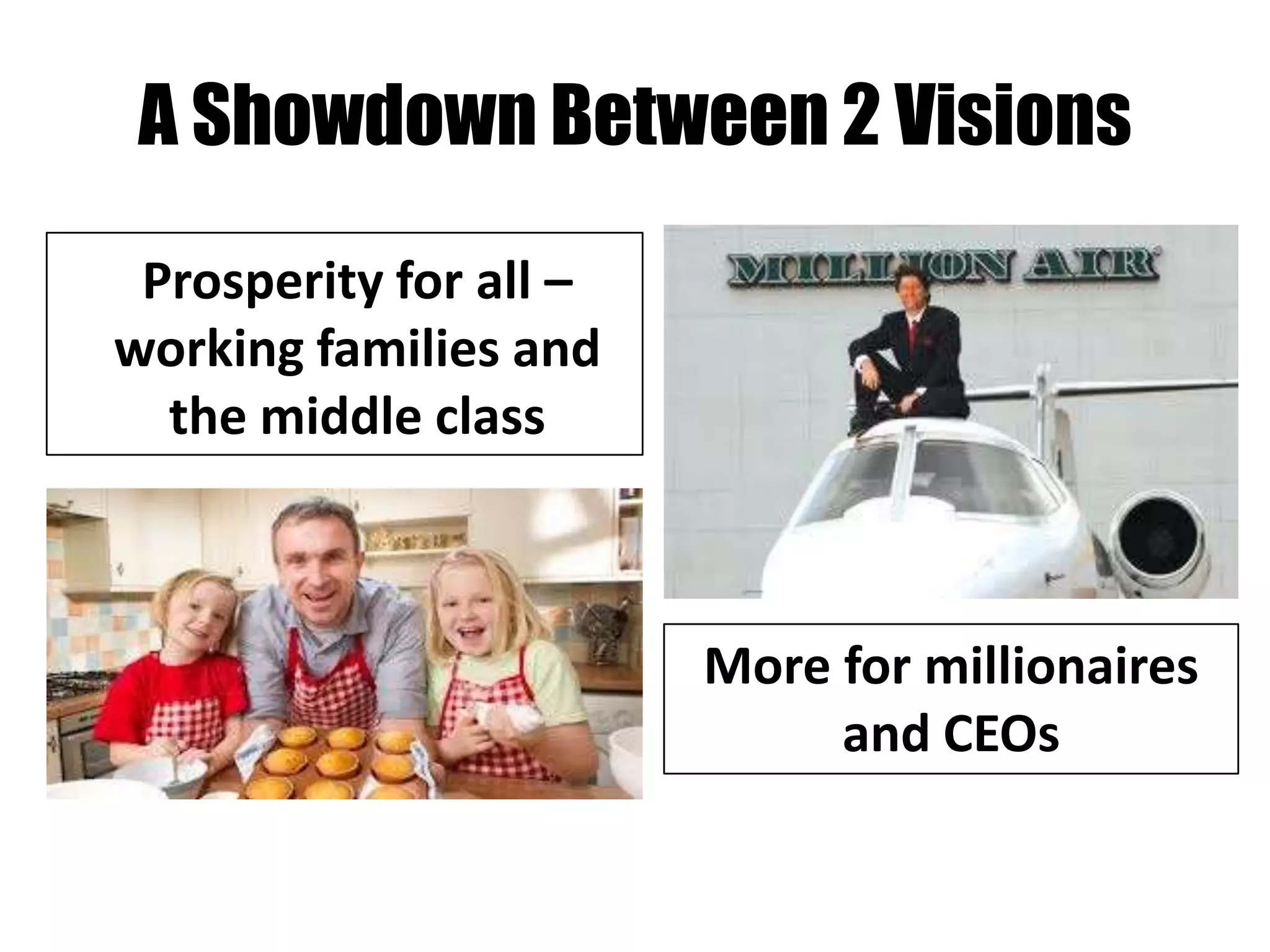 A Showdown Between 2 Visions
 Prosperity for all –
working families and
  the middle class



                        More for millionaires
                             and CEOs
 