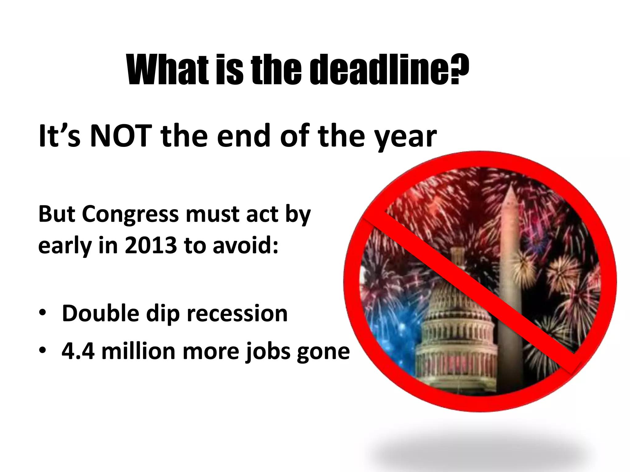 What is the deadline?
It’s NOT the end of the year

But Congress must act by
early in 2013 to avoid:

• Double dip recession
• 4.4 million more jobs gone
 