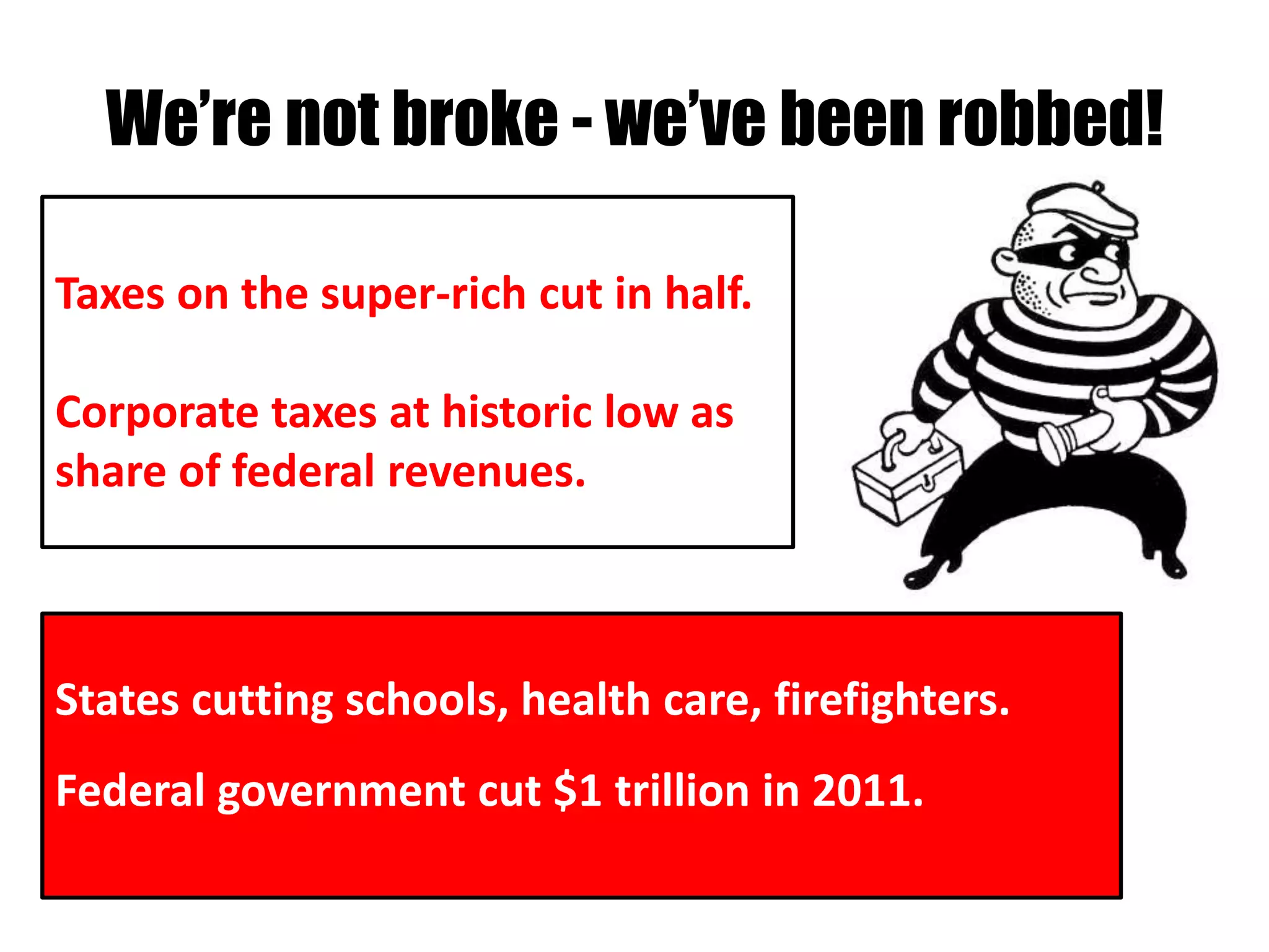 We’re not broke - we’ve been robbed!

Taxes on the super-rich cut in half.

Corporate taxes at historic low as
share of federal revenues.



States cutting schools, health care, firefighters.
Federal government cut $1 trillion in 2011.
 