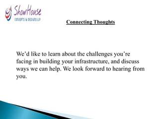 Connecting Thoughts
We’d like to learn about the challenges you’re
facing in building your infrastructure, and discuss
ways we can help. We look forward to hearing from
you.
 