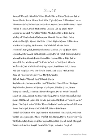 Showing Off
146
Kanz-ul-‘Ummāl, ‘Alāuddīn ‘Alī Al-Ĥindī, Dār-ul-Kutub ‘Ilmiyyaĥ, Beirut
Kanz-ul-Īmān, Imām Aḥmad Razā Khān, Ziyā-ul-Quran Publications, Lahore
Khazāin-ul-‘Irfān, Na’īmuddīn Murādābādī, Ziyā-ul-Quran Publications, Lahore
Kīmiyā-e-Sa’ādat, Imām Muhammad Ghazālī, Dār-uṣ-Ṣādir, Beirut
Majma’-uz-Zawāid, Nūruddīn ‘Alī Bin Abū Bakr, Dār-ul-Fikr, Beirut
Minĥāj-ul-‘Ābidīn, Imām Muhammad Ghazālī, Dār-uṣ-Ṣādir, Beirut
Mirāt-ul-Manājīḥ, Aḥmad Yār Khān Na’īmī, Ziyā-ul-Quran Publications
Mishkāt-ul-Maṣābīḥ, Muhammad Bin ‘Abdullāĥ Khaṭīb, Beirut
Mukāshafa-tul-Qulūb, Imām Muhammad Ghazālī, Dār-uṣ-Ṣādir, Beirut
Musnad Abī Ya’lā, Abū Ya’lā Aḥmad Mauṣilī, Dār-ul-Kutub ‘Ilmiyyaĥ, Beirut
Musnad Imām Aḥmad, Imām Aḥmad Bin Ḥanbal, Dār-ul-Fikr, Beirut
Nūr-ul-‘Irfān, Muftī Aḥmad Yār Khān Na’īmī, Na’īmī Kutub Khānaĥ
Nuzĥat-ul-Qārī, Muftī Sharīf-ul-Ḥaq Amjadī, Farīd Book Stall, Lahore
Rad-dul-Muḥtār, Sayyid Ibn ‘Ābidīn Shāmī, Dār-ul-Ma’rifaĥ, Beirut
Rauḍ-ul-Fāiq, Shaykh Shu’ayb Al-Ḥarīfīsh, Quetta
Rūḥ-ul-Bayān, ‘Allāmaĥ Ismā’īl Ḥaqqī, Quetta
Ṣaḥīḥ Bukhārī, Muhammad Bin Ismā’īl Bukhārī, Dār-ul-Kutub ‘Ilmiyyaĥ
Ṣaḥīḥ Muslim, Imām Abū Ḥusayn Nayshāpūrī, Dār Ibn Ḥazm, Beirut
Ṣharḥ-us-Sunnaĥ, Muhammad Mas’ūd Baghwī, Dār-ul-Kutub ‘Ilmiyyaĥ
Shu’ab-ul-Īmān, Aḥmad Bin Ḥusayn Bayĥaqī, Dār-ul-Kutub ‘Ilmiyyaĥ, Beirut
Sunan Abī Dāwūd, Imām Abū Dāwūd Sulaymān, Dār Iḥyā-ut-Turāš Al-‘Arabī’
Sunan Dār Quṭnī, Imām ‘Alī Bin ‘Umar, Maktabaĥ Nashr-us-Sunnaĥ, Pakistan
Sunan Ibn Mājaĥ, Imām Abū ‘Abdullāĥ, Dār-ul-Fikr Beirut
Tanbīĥ-ul-Ghāfilīn, Abul Layš Nasr Bin Muhammad Samarqandī, Peshawar
Tanbīĥ-ul-Mughtarrīn, ‘Abdul Waĥĥāb Bin Aḥmad, Dār-ul-Kutub ‘Ilmiyyaĥ
Tārīkh Baghdad, Imām Abū Bakr Aḥmad Baghdādī, Dār-ul-Kutub ‘Ilmiyyaĥ
Tażkira-tul-Awliyā, Shaykh Farīduddīn ‘Aṭṭār, Intishārāt Ganjīnaĥ
www.dawateislami.net
 