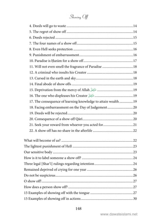Showing Off
148
4. Deeds will go to waste ..............................................................................14
5. The regret of show off ..............................................................................14
6. Deeds rejected ...........................................................................................15
7. The four names of a show off..................................................................15
8. Even Hell seeks protection ......................................................................16
9. Punishment of embarrassment...............................................................16
10. Paradise is Ḥarām for a show off..........................................................17
11. Will not even smell the fragrance of Paradise ....................................18
12. A criminal who insults his Creator ......................................................18
13. Cursed in the earth and sky...................................................................18
14. Final abode of show offs ........................................................................19
15. Deprivation from the mercy of Allah ..........................................19
16. The one who displeases his Creator .............................................19
17. The consequence of learning knowledge to attain wealth................19
18. Facing embarrassment on the Day of Judgement..............................20
19. Deeds will be rejected.............................................................................20
20. Consequence of a show off Qārī...........................................................20
21. Seek your reward from whoever you acted for...................................21
22. A show off has no share in the afterlife ...............................................22
What will become of us? ....................................................................................22
The lightest punishment of Hell .......................................................................23
Our sensitive body ..............................................................................................23
How is it to label someone a show off? ............................................................24
Three legal [Shar’ī] rulings regarding intention.............................................24
Remained deprived of crying for one year ......................................................26
Do not be suspicious...........................................................................................26
O show off!...........................................................................................................27
How does a person show off? ............................................................................27
15 Examples of showing off with the tongue ..................................................27
15 Examples of showing off in actions.............................................................30
www.dawateislami.net
 