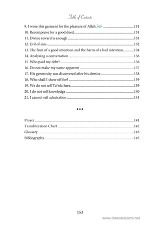Table of Contents
153
9. I wore this garment for the pleasure of Allah  ...................................131
10. Recompense for a good deed.....................................................................131
11. Divine reward is enough............................................................................131
12. Evil of sins....................................................................................................132
13. The fruit of a good intention and the harm of a bad intention............134
14. Analysing a conversation...........................................................................136
15. Who paid my debt?.....................................................................................136
16. Do not make my name apparent ..............................................................137
17. His generosity was discovered after his demise......................................138
18. Who shall I show off for?...........................................................................139
19. We do not sell Ta’wīz here.........................................................................139
20. I do not sell knowledge ..............................................................................140
21. I cannot sell admiration .............................................................................141
Prayer..................................................................................................................141
Transliteration Chart........................................................................................142
Glossary ..............................................................................................................143
Bibliography.......................................................................................................145
www.dawateislami.net
 