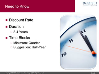 Copyright © 2023 McKnight Consulting Group, LLC All Rights Reserved Slide 21
Need to Know
Discount Rate
Duration
2-4 Years
Time Blocks
Minimum: Quarter
Suggestion: Half-Year
 