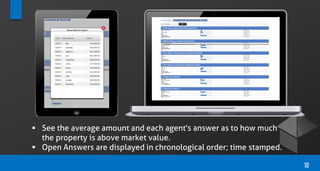  See the average amount and each agent's answer as to how much
the property is above market value.
 Open Answers are displayed in chronological order; time stamped.
10
 