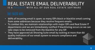 REAL ESTATE EMAIL DELIVERABILITY
I S A P R I O R I T Y W I T H A L L O F O U R R E A L E S T A T E S O F T W A R E
• 90% of incoming email is spam; so many ISPs block or blacklist email coming
from some addresses because they receive frequent emails.
• To combat this, we maintain relationships with major ISPs and Real Estate IT
departments and we are immediately notified if blacklisting occurs so we can
take steps to be removed from the blacklist for any ISP.
• They have approved all Showing Suite email by looking at more than 60
quality indicators of our email system to ensure compliance and
deliverability.
13
THE FACTS ARE:
 
