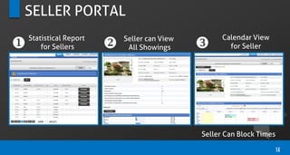 SELLER PORTAL
14
  Seller can View
All Showings
Statistical Report
for Sellers
Calendar View
for Seller
Seller Can Block Times
 