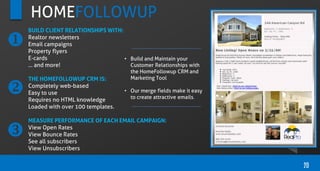 HOMEFOLLOWUP
20
BUILD CLIENT RELATIONSHIPS WITH:
Realtor newsletters
Email campaigns
Property flyers
E-cards
… and more!
THE HOMEFOLLOWUP CRM IS:
Completely web-based
Easy to use
Requires no HTML knowledge
Loaded with over 100 templates.
MEASURE PERFORMANCE OF EACH EMAIL CAMPAIGN:
View Open Rates
View Bounce Rates
See all subscribers
View Unsubscribers



• Build and Maintain your
Customer Relationships with
the HomeFollowup CRM and
Marketing Tool
• Our merge fields make it easy
to create attractive emails.
 