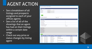 AGENT ACTION
• See a breakdown of all
listings and prospects
assigned to each of your
offices agents
• See a list of all of the
showings that an agent
has had on their listings
within a certain date
range
• Check out any price or
status changes by listing
agent
34
 