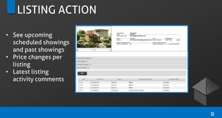 LISTING ACTION
• See upcoming
scheduled showings
and past showings
• Price changes per
listing
• Latest listing
activity comments
35
 