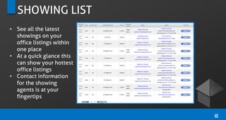 SHOWING LIST
• See all the latest
showings on your
office listings within
one place
• At a quick glance this
can show your hottest
office listings
• Contact information
for the showing
agents is at your
fingertips
40
 