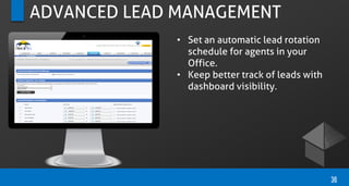 ADVANCED LEAD MANAGEMENT
• Set an automatic lead rotation
schedule for agents in your
Office.
• Keep better track of leads with
dashboard visibility.
36
 