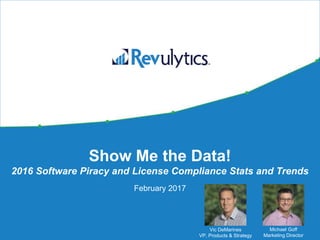 Show Me the Data!
2016 Software Piracy and License Compliance Stats and Trends
February 2017
Vic DeMarines
VP, Products & Strategy
Michael Goff
Marketing Director
 