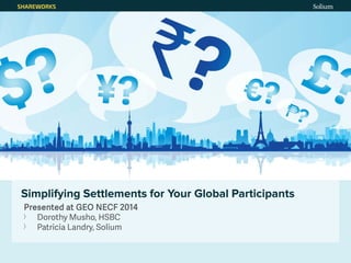 October 21, 2014
1
Simplifying Settlements for Your Global Participants
Presented at GEO NECF 2014
Dorothy Musho, HSBC
Patricia Landry, Solium
 