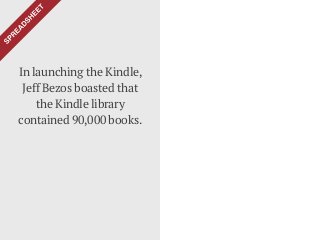 In launching the Kindle,
Jeff Bezos boasted that
the Kindle library
contained 90,000 books.
 