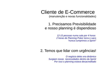 Cliente de E-Commerce
(manutenção e novas funcionalidades)
1. Precisamos Previsibilidade
e nosso planning é dispendioso
12-15 pessoas numa sala por 4 horas
2 horas de Planning Poker torra o saco
“nunca cumprimos a Sprint”
2. Temos que lidar com urgências!
O negócio deles era dinâmico
Surgiam novas necessidades dentro da Sprint
Por isso o planning estava desacreditado
 