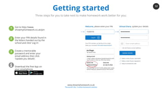12
www.showmyhomework.co.uk
The world's No. 1 online homework solution
Getting started
Three steps for you to take next to make homework work better for you:
Got to http://www.
showmyhomework.co.uk/pin
Enter your PIN details found in
the letters handed out by the
school and click ‘Log in’.
Create a memorable
password and enter your
email address then click
‘Update you details’.
Download the free App on
your smartphone.
1
2
3
 