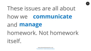 4
www.showmyhomework.co.uk
The world's No. 1 online homework solution
These issues are all about
how we co
and manage
homework. Not homework
itself.
communicate
manage
 