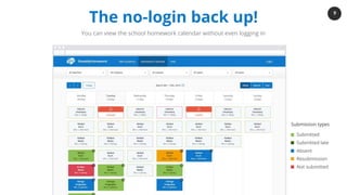 9
www.showmyhomework.co.uk
The world's No. 1 online homework solution
The no-login back up!
You can view the school homework calendar without even logging in
Submitted
Submitted late
Absent
Resubmission
Not submitted
Submission types
 