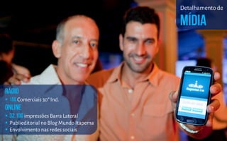  Comerciais 30” Ind.
 impressões Barra Lateral
 Publieditorial no Blog Mundo Itapema
 Envolvimento nas redes sociais
Detalhamento de
 