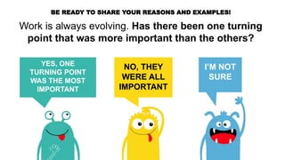 BE READY TO SHARE YOUR REASONS AND EXAMPLES!
Work is always evolving. Has there been one turning
point that was more important than the others?
YES, ONE
TURNING POINT
WAS THE MOST
IMPORTANT
NO, THEY
WERE ALL
IMPORTANT
I’M NOT
SURE
 