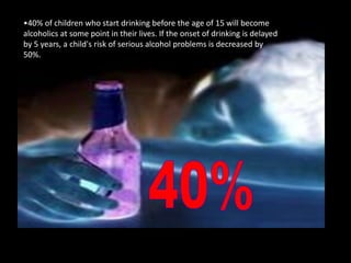 40% of children who start drinking before the age of 15 will become alcoholics at some point in their lives. If the onset of drinking is delayed by 5 years, a child's risk of serious alcohol problems is decreased by 50%. 40%