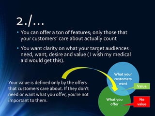 What you
offer
2./…
• You can offer a ton of features; only those that
your customers’ care about actually count
• You want clarity on what your target audiences
need, want, desire and value ( I wish my medical
aid would get this).
What your
customers
wantYour value is defined only by the offers
that customers care about. If they don’t
need or want what you offer, you’re not
important to them. No
value
Value
 