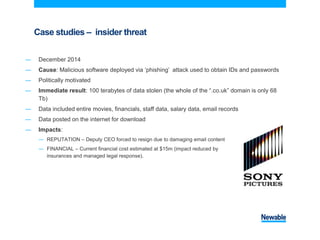 Case studies – insider threat
― December 2014
― Cause: Malicious software deployed via ‘phishing’ attack used to obtain IDs and passwords
― Politically motivated
― Immediate result: 100 terabytes of data stolen (the whole of the “.co.uk” domain is only 68
Tb)
― Data included entire movies, financials, staff data, salary data, email records
― Data posted on the internet for download
― Impacts:
― REPUTATION – Deputy CEO forced to resign due to damaging email content
― FINANCIAL – Current financial cost estimated at $15m (impact reduced by
insurances and managed legal response).
 