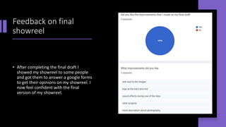 Feedback on final
showreel
• After completing the final draft I
showed my showreel to some people
and got them to answer a google forms
to get their opinions on my showreel. I
now feel confident with the final
version of my showreel.
 