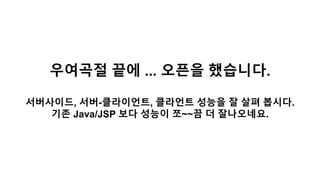 우여곡절 끝에 ... 오픈을 했습니다.
서버사이드, 서버-클라이언트, 클라언트 성능을 잘 살펴 봅시다.
기존 Java/JSP 보다 성능이 쪼~~끔 더 잘나오네요.
 