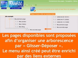 Les pages disponibles sont proposées afin d’organiser une arborescence par « Glisser-Déposer ». Le menu ainsi créé peut être enrichi par des liens externes