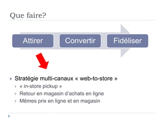 Que faire?


         Attirer          Convertir           Fidéliser



   Stratégie multi-canaux « web-to-store »
       « in-store pickup »
       Retour en magasin d’achats en ligne
       Mêmes prix en ligne et en magasin
 