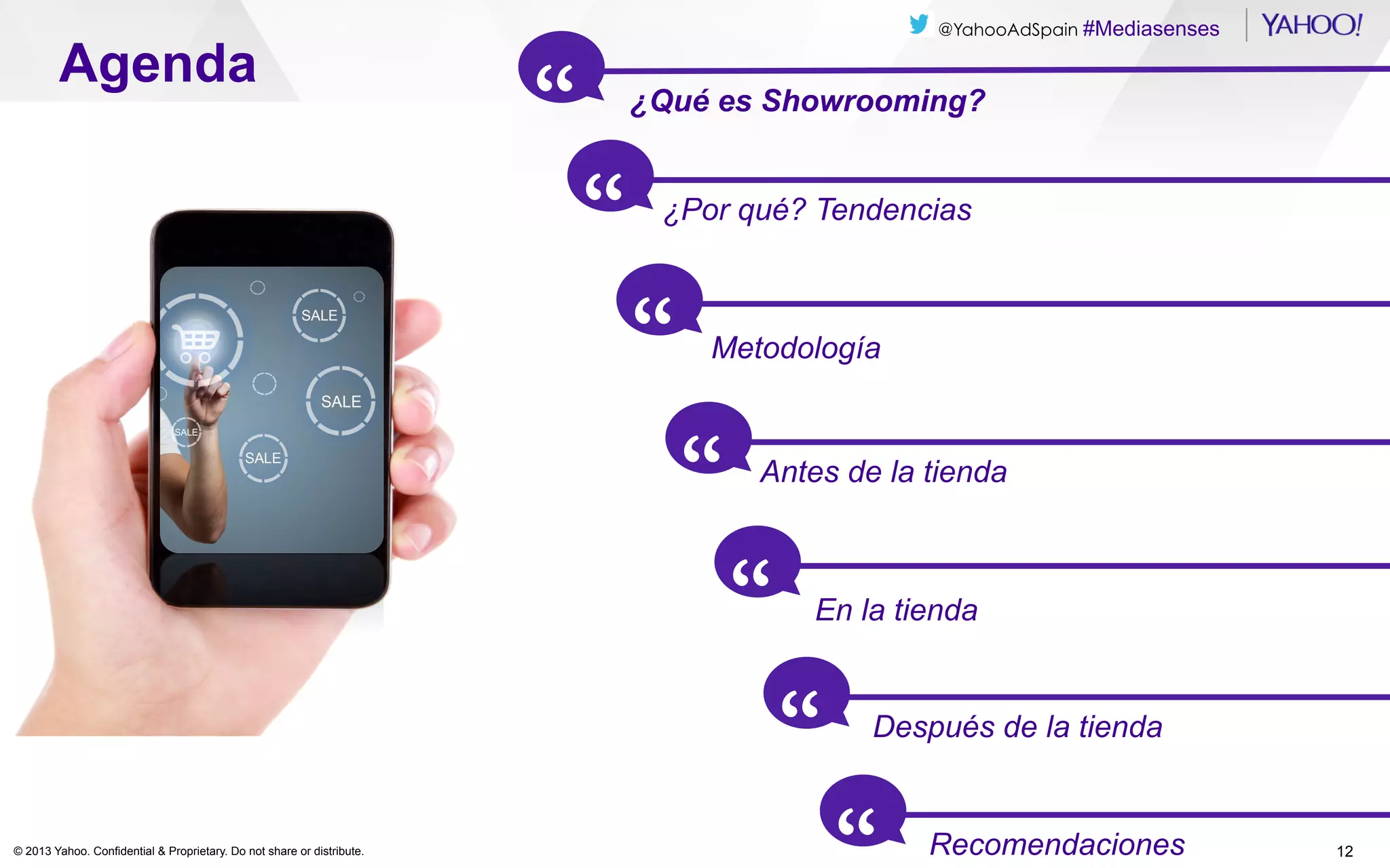 Agenda

@YahooAdSpain #Mediasenses

“

¿Qué es Showrooming?

“

¿Por qué? Tendencias

“

Metodología

“

Antes de la tienda

“

En la tienda

“
© 2013 Yahoo. Confidential & Proprietary. Do not share or distribute.

Después de la tienda

“

Recomendaciones

12

 