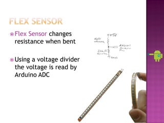  FlexSensor changes
 resistance when bent

 Usinga voltage divider
 the voltage is read by
 Arduino ADC
 