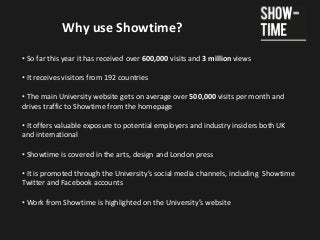 Why use Showtime?

• So far this year it has received over 600,000 visits and 3 million views

• It receives visitors from...