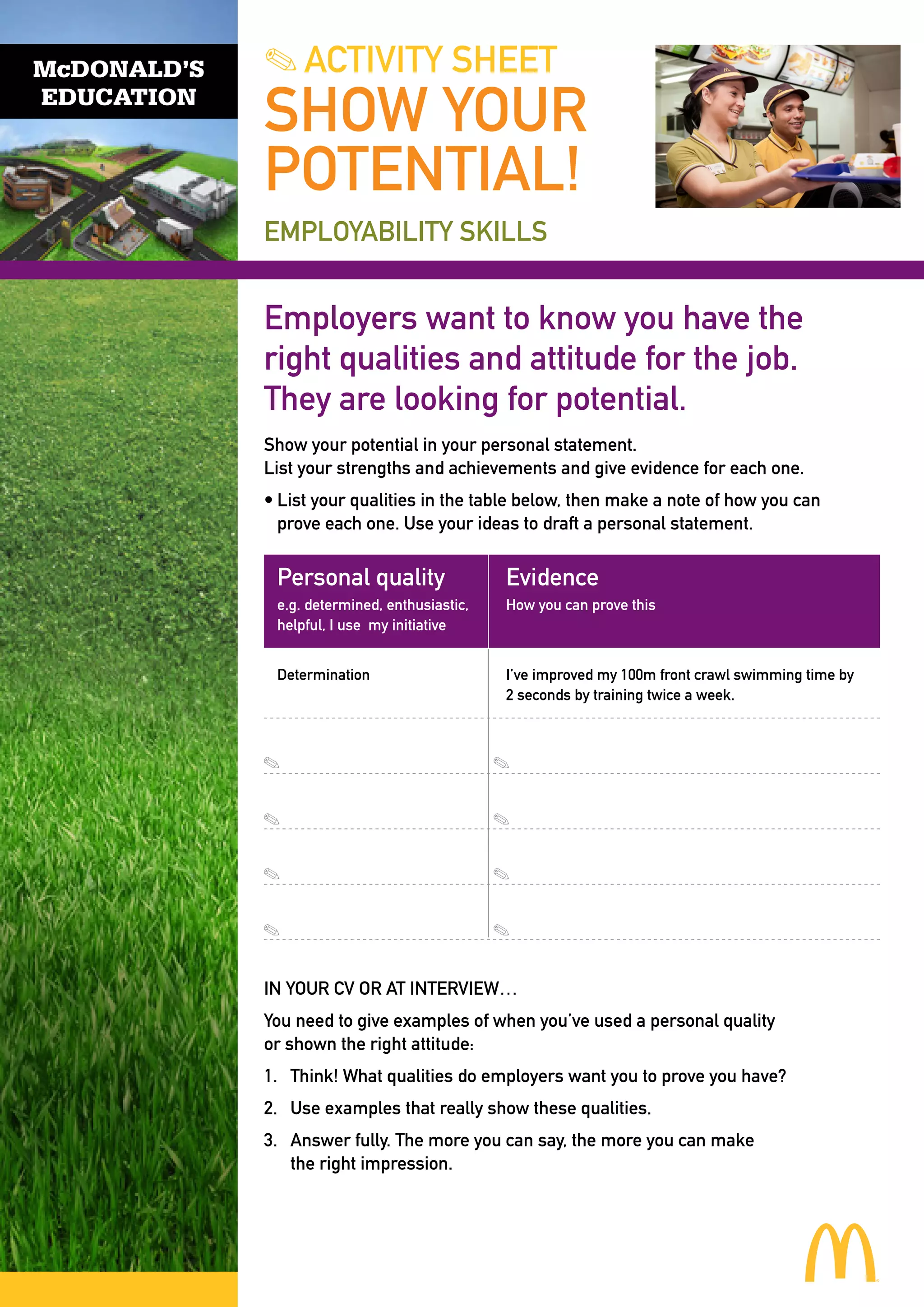 McDONALD’S
EDUCATION
. ACTIVITY SHEET
SHOW YOUR
POTENTIAL!
EMPLOYABILITY SKILLS
Employers want to know you have the
right qualities and attitude for the job.
They are looking for potential.
Show your potential in your personal statement.
List your strengths and achievements and give evidence for each one.
• ist your qualities in the table below, then make a note of how you can
L
prove each one. Use your ideas to draft a personal statement.
Personal quality
Evidence
e.g. determined, enthusiastic,
helpful, I use my initiative
How you can prove this
Determination
I’ve improved my 100m front crawl swimming time by
2 seconds by training twice a week.
IN YOUR CV OR AT INTERVIEW…
You need to give examples of when you’ve used a personal quality
or shown the right attitude:
1. Think! What qualities do employers want you to prove you have?
2. Use examples that really show these qualities.
3.
Answer fully. The more you can say, the more you can make
the right impression.
