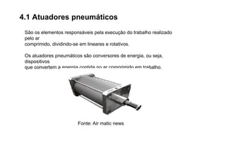 4.1 Atuadores pneumáticos
São os elementos responsáveis pela execução do trabalho realizado
pelo ar
comprimido, dividindo-se em lineares e rotativos.
Os atuadores pneumáticos são conversores de energia, ou seja,
dispositivos
que convertem a energia contida no ar comprimido em trabalho.
Fonte: Air matic news
 