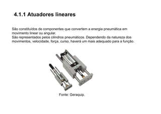 4.1.1 Atuadores lineares
São constituídos de componentes que convertem a energia pneumática em
movimento linear ou angular.
São representados pelos cilindros pneumáticos. Dependendo da natureza dos
movimentos, velocidade, força, curso, haverá um mais adequado para a função.
Fonte: Geraquip.
 